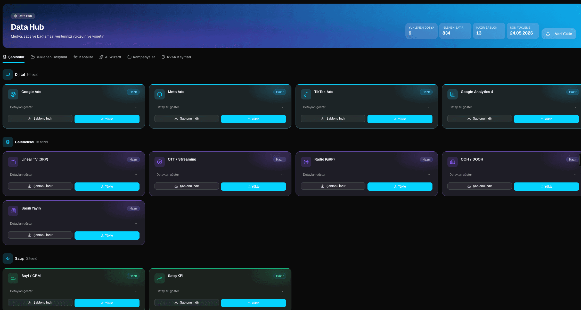 Data Hub — veri yükleme ve doğrulama ekranı