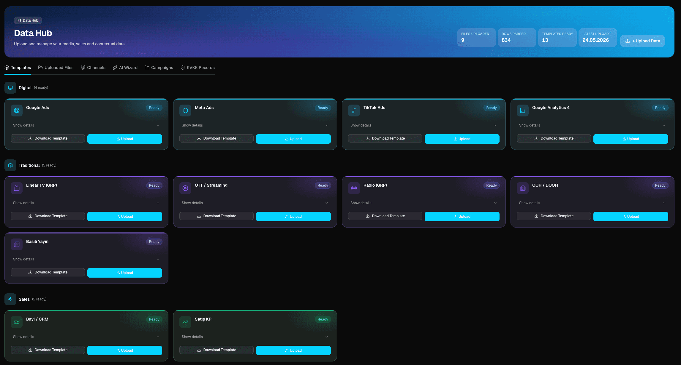 Data Hub — veri yükleme ve doğrulama ekranı